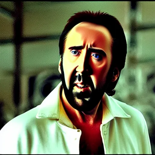 Image similar to nicolas cage fighting against osho