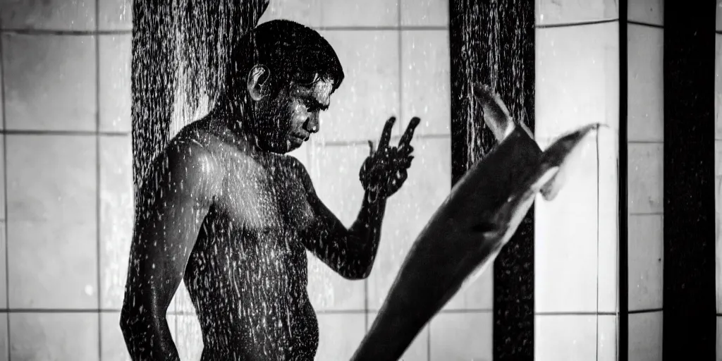 Image similar to sri lankan man in a shower, film still, psycho thriller movie style