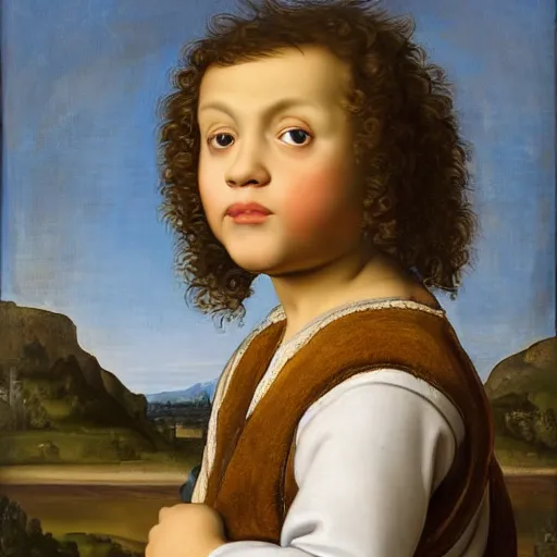 Image similar to small caucasian boy with a curly mullet and brown eyes, renaissance portrait, vinatge painting royal painting