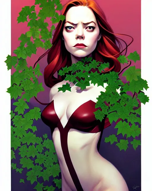 Image similar to joshua middleton, phil noto, artgerm, emma stone poison ivy dc comics, vines, symmetrical eyes, city rooftop