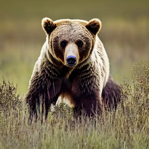 Prompt: a grizzly bear with the head of an owl, nature photography