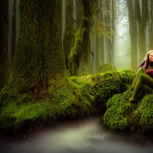 Image similar to forest child and fairy, light, river, magical forest, fog, moss