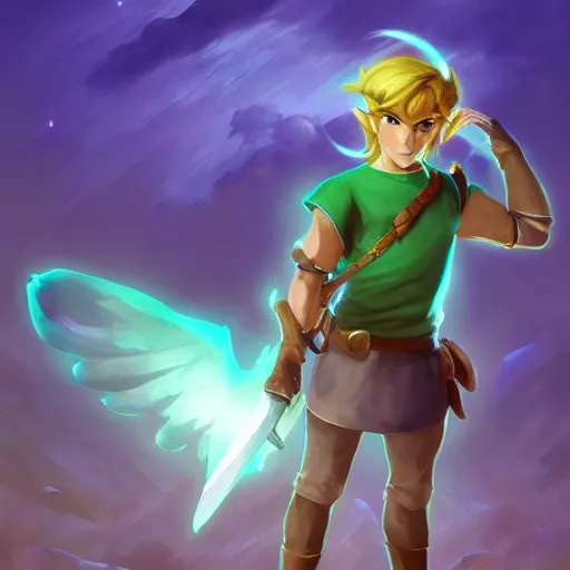 Image similar to upper body illustration of link from zelda in his god form, mattepainting concept blizzard pixar maya engine on stylized background splash comics global illumination lighting artstation, sharp focus, lois van baarle, ilya kuvshinov, rossdraws