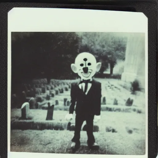 Prompt: Old polaroid photo of a Clown-Vampire against cemetery