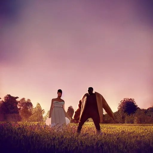 Prompt: Kanye West and Kim Kardashian in the middle of a garden, vintage camera, dreamy, atmospheric, golden hour, cinematic lighting, 8K concept art