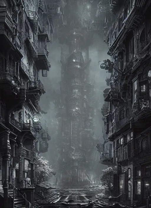Prompt: a photorealistic dramatic hyperrealistic render of city of the lost by joe fenton, color poster art design, intricate details, beautiful dynamic dramatic dark moody tones and lighting, shadows, cinematic atmosphere, octane render, 8 k