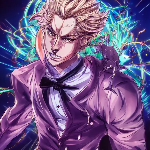 Prompt: handsome anime man channels the universe's energy in the style of jojo's bizarre adventure, ultrafine hyperrealistic detailed face illustration by kim jung gi, irakli nadar, intricate linework, sharp focus, bright colors, matte, octopath traveler, final fantasy, unreal engine highly rendered, global illumination, radiant light, intricate rainbow environment