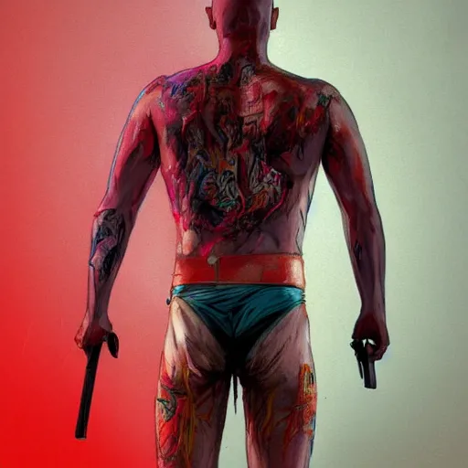 Image similar to Bright, colorful, realistic Serial killer rpg single individual full body shot gore covered with scars and tattoos screaming, backlighting, kodachrome, high contrast, highly detailed, sharp focus, digital painting, concept art, illustration, trending on artstation, comic book by Alex Ross cover art