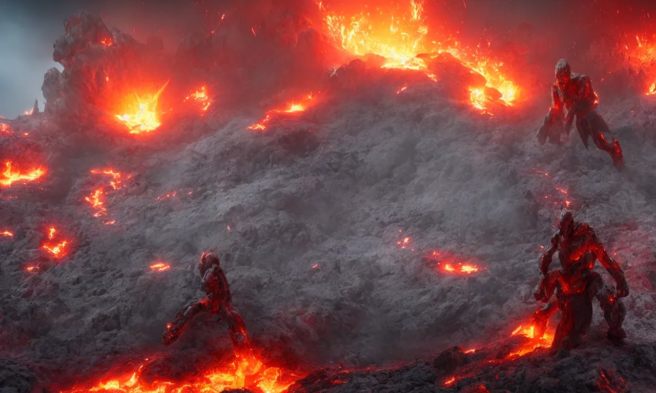 Image similar to a fire golem emerging from the crater of a volcano surrounded by the police and the army, dramatic effects, epic composition, large scale, octane render, digital art, sharp focus, 8k trending on artstation, action pose