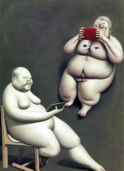 Prompt: fat man sitting on chair looking at his smartphone, hysterical, sweat, fat, frustrated, art by gertrude abercrombie hans bellmer and william blake