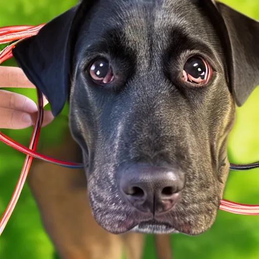 Image similar to an extremely happy dog is hanging by wires from a tree, 4 k, realistic