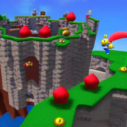 Image similar to Super mario 64 whomps fortress, rendered in unreal engine, hyper detailed