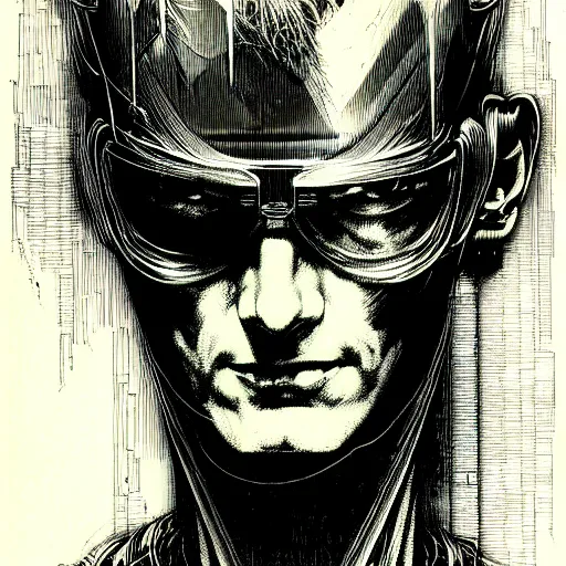 Image similar to cyberpunk portrait, by bernie wrightson, etching, screen print, sharp,