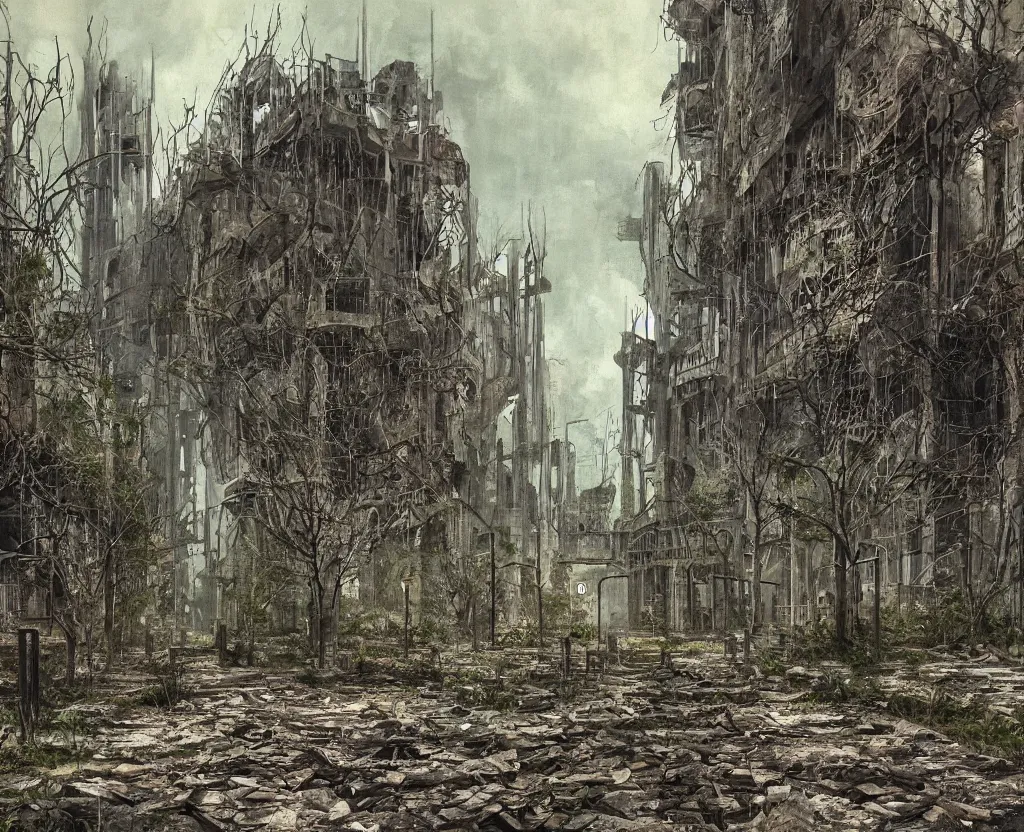 Image similar to a Dystopian gothic painting of the abandoned streets of the overgrown arcology