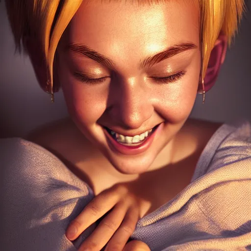 Prompt: intricate beautiful portrait of bulma briefs, smiling softly, casual clothes, relaxing on the couch, home interior, golden hour, close up shot, 8 k, art by irakli nadar, hyperrealism, hyperdetailed, ultra realistic