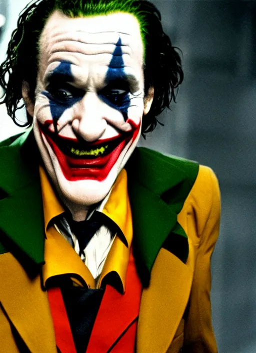 Image similar to film still of Robin Williams as The Joker in The Dark Knight, 4k