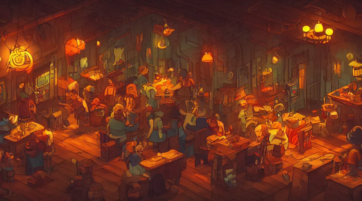 Image similar to A multidimensional cozy tavern, retro video game vibe, cinematic lighting, epic composition, cartoon, animation, background art, post processing, 8K resolution