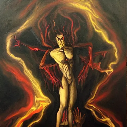 Prompt: dark magic excorcist performing an exorcism, oil painting,