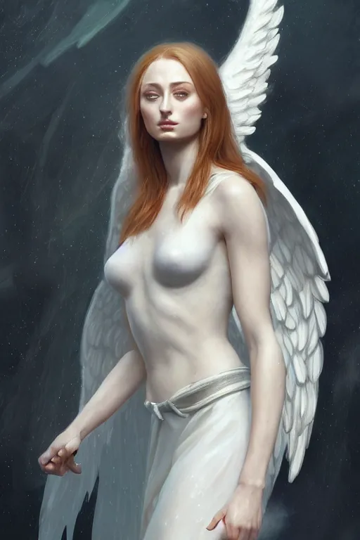 Image similar to Sophie Turner as a Heavenly Angel,anatomy, only two hands, highly detailed, digital painting, artstation, concept art, smooth, sharp focus, illustration, Unreal Engine 5, 8K, art by art by artgerm and greg rutkowski and edgar maxence