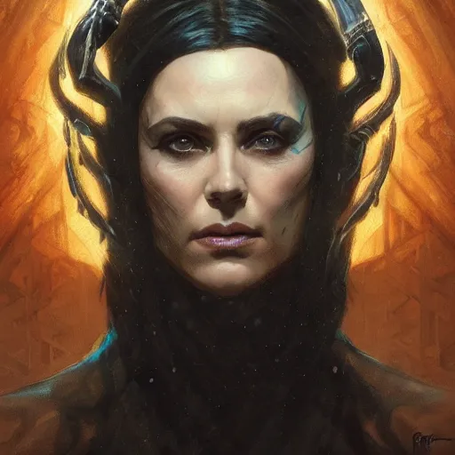 Prompt: ''face portrait of hela from norse mythology, black shadows, greece, fantasy, dungeons and dragons, d & d, digital painting, artstation, concept art, sharp focus, illustration, art by greg rutkowski and alphonse mucha''