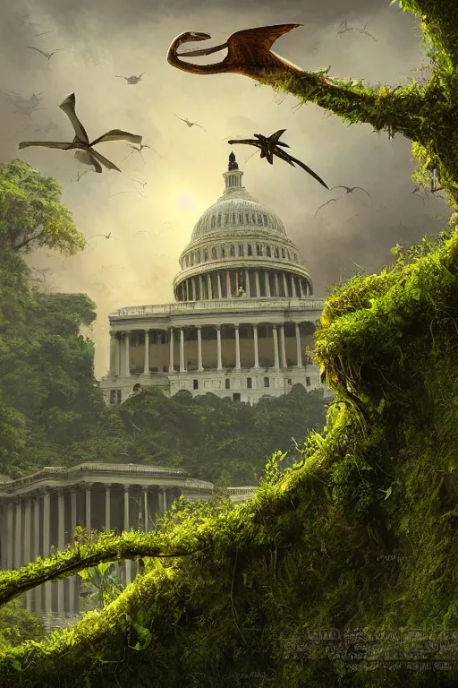 Image similar to an epic landscape view of vines and moss growing on the us capitol building, jungle, with pterosaurs flying, close - up, low angle, wide angle, atmospheric, volumetric lighting, cinematic, very realistic, sharp, highly detailed digital art, painted by tyler edlin