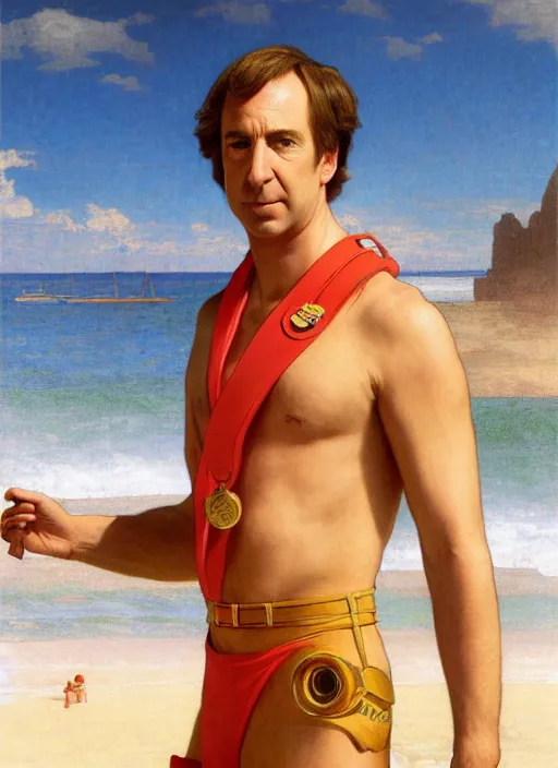 Image similar to portrait Saul Goodman as sea lifeguard on the beach, full length shot, shining, 8k highly detailed, sharp focus, illustration, art by artgerm, mucha, bouguereau