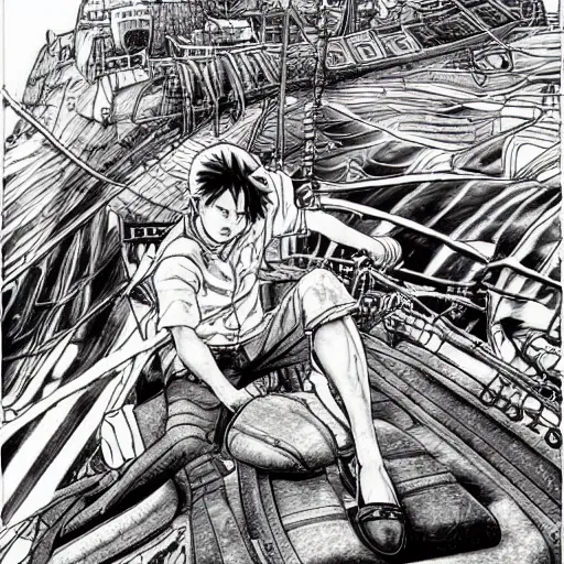 Image similar to A man and his ship, pen and ink, computer coloring :: A manga masterpiece by Mark Crilley in the style of Akira :: oil painting by James Gurney