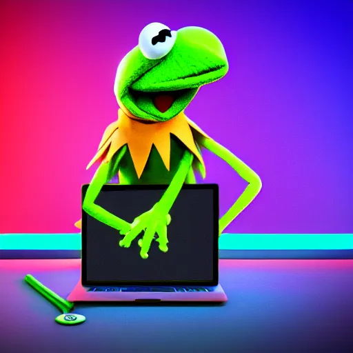 Prompt: Kermit the frog as a computer hacker, cyberpunk unreal 4k neon muppet digital art