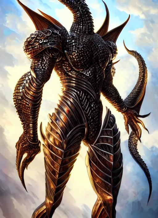 Image similar to muscular and tall humanoid dragon!!!! draconian!! intricate ornate iridescent heavy armor!! character concept art, sharp focus, octane render! unreal engine 5! highly rendered!! trending on artstation!! detailed linework!! illustration by artgerm, wlop, and chie yoshii