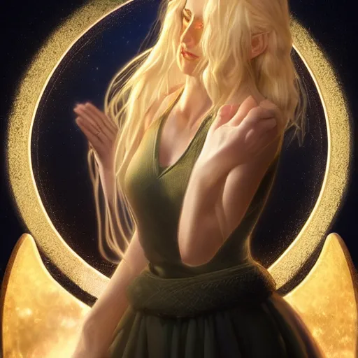 Prompt: blonde angel praying by wlop and artgerm and howard lyon, magical atmosphere, magic circle summon, cinematic, dramatic, 4k, highly detailed, fantasy art, unreal engine