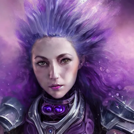 Prompt: extreme close up portrait of a beautiful woman in mechanical amethyst armor, female, flowing purple hair tied in pleats, intense stare, stoic, concept art, intricate detail, volumetric shadows and lighting, realistic oil painting magic the gathering style, destiny, sci - fi,