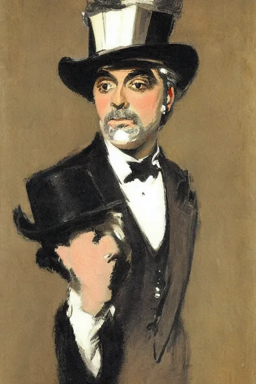 Image similar to portrait of george clooney as a gentleman wearing an edwardian suit and top hat by walter sickert, john singer sargent, and william open