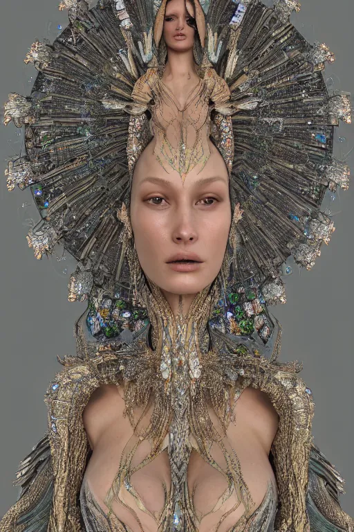 Image similar to a highly detailed metahuman 4 k close up render of an alien goddess bella hadid as sixwinged seraphim in iris van herpen dress schiaparelli in diamonds crystals swarovski and jewelry in style of alphonse mucha gustav klimt trending on artstation made in unreal engine 4