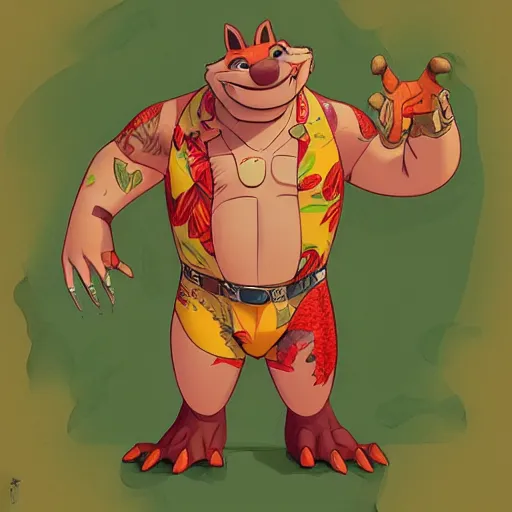 Prompt: in the style of artgerm, loish, anthropomorphic alligator, red scales on his back, yellow scale on his belly and chest, male, waring a hawaiian shirt, in the style of zootopia