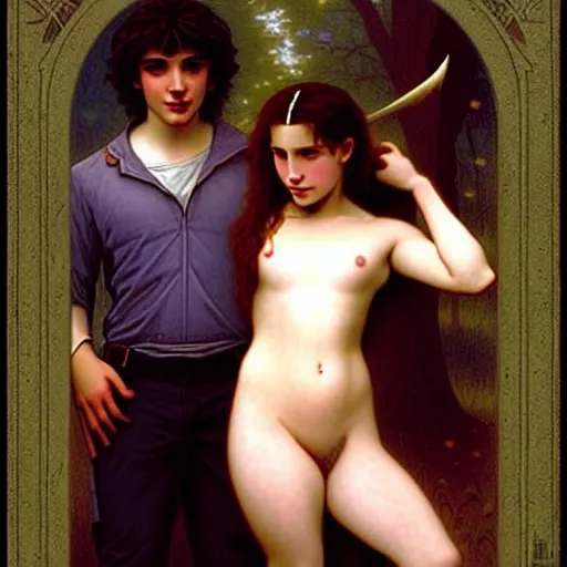 Image similar to twilight version of stranger things, portrait of edward and bella by william - adolphe bouguereau in the style of gaston bussiere, art nouveau