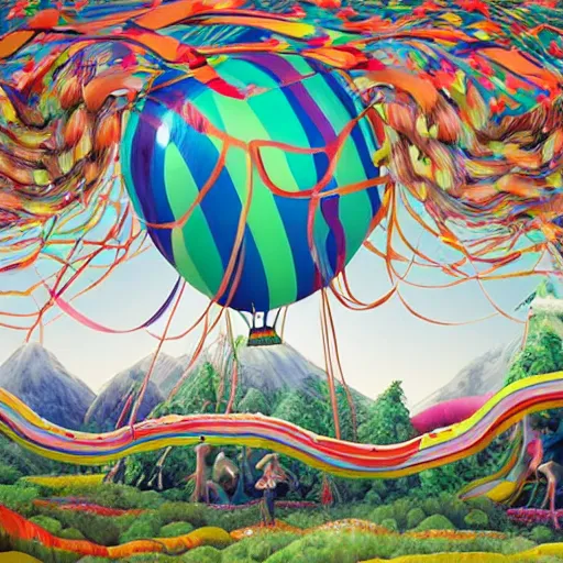 Image similar to inflatable landscape with forest, river and mountains in the middle of the frame colossal balloon surrounded by colorful ribbons and party confetti , concept art, huge scale, high detail, sci fi by James Jean