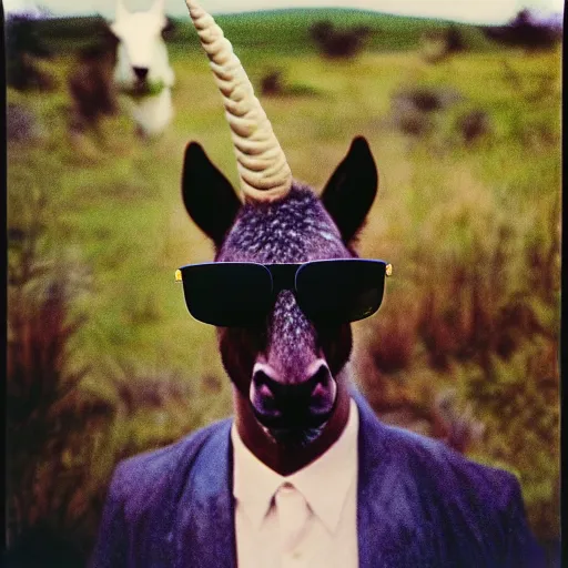 Prompt: grainy head to shoulder portrait polaroid film photograph of a unicorn in a national state park wearing sunglasses. super resolution. surreal. extremely detailed. polaroid 6 0 0 film. by annie leibovitz and richard avedon