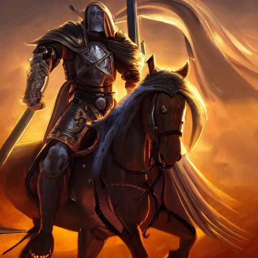 Prompt: an elder, muscular warrior nun with a shining templar armor and a chainsaw sword riding a black horse, cinematic lighting, beautiful digital art, overdetailed illustration, high definition, 8 k
