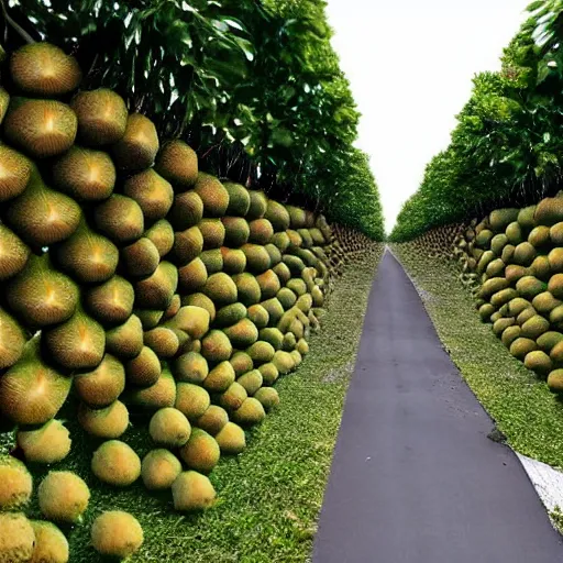 Image similar to the boulevard of broken dreams. The people have kiwifruit instead of heads