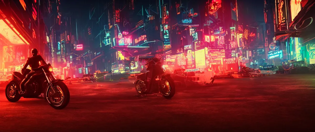 Prompt: a leather-clad thief on a motorcycle making a getaway in a glowing neon cyberpunk city at night by Karl Thiart, unreal engine, cinematic atmosphere, close up viewed from below