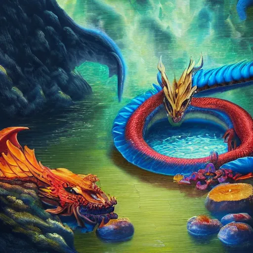 Image similar to highly detailed oil painting of a colorful hotspring within dark cavern, dragon sitting in the middle