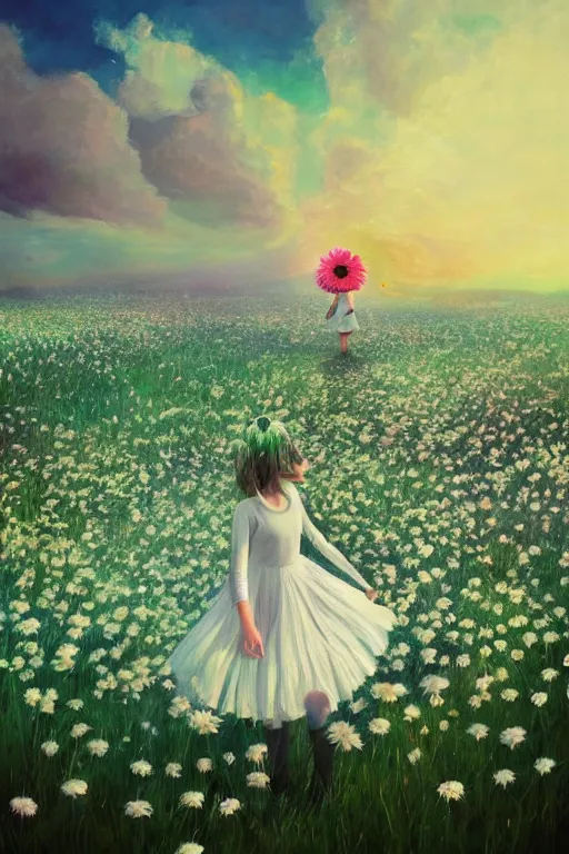 Image similar to giant white daisy flower under head, girl dancing in a flower field, surreal photography, sunrise, dramatic light, impressionist painting, colorful clouds, digital painting, artstation, simon stalenhag