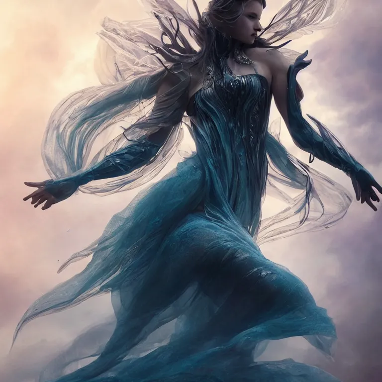 Image similar to beautiful cinematic fantasy poster, a beautiful fashion model wearing haute couture in dynamic full body dance pose, full body shot, ultrawide angle epic scale, hybrid from The Elden Ring and art direction by Darius Zawadzki ;by artgerm; wayne reynolds art station; cinematic quality character render; low angle; ultra high quality model; production quality cinema model;