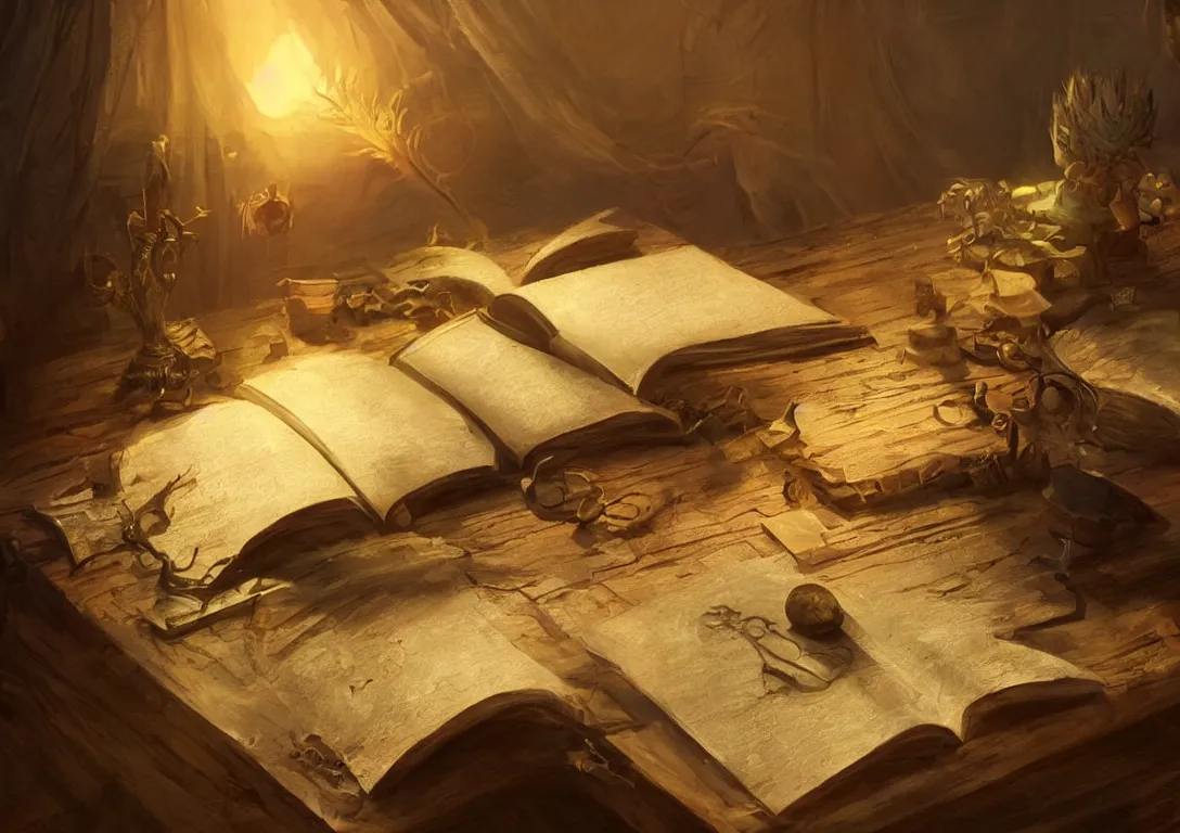 Prompt: a painting of a lone magical book laying open on a desk, fantasy concept art, golden hour, cinematic lighting, highly detailed