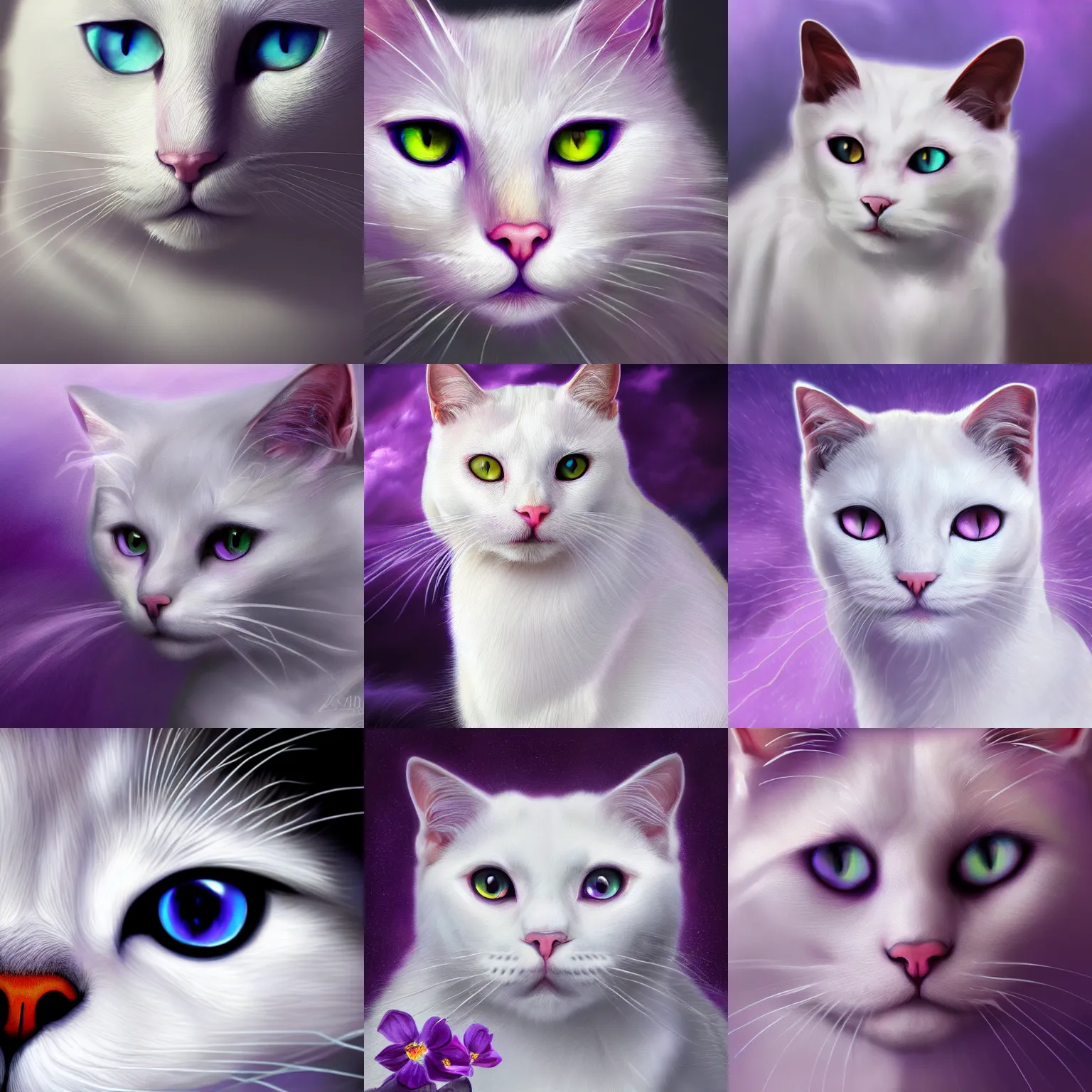 Prompt: portrait of a white cat with purple eyes. closeup, intense look. lighting, clouds, bloom. fantasy, digital painting, hd, 4 k, detailed.