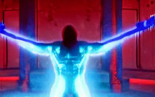 Image similar to still frame from blockbuster movie showcasing groundbreaking cgi a character made of blue cherenkov radiation