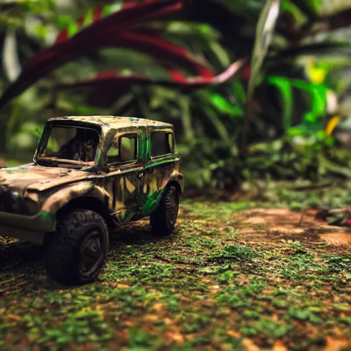 Prompt: 3 5 mm photo of militar car like hot wheels model in jungle as background, on an very epic cinematic