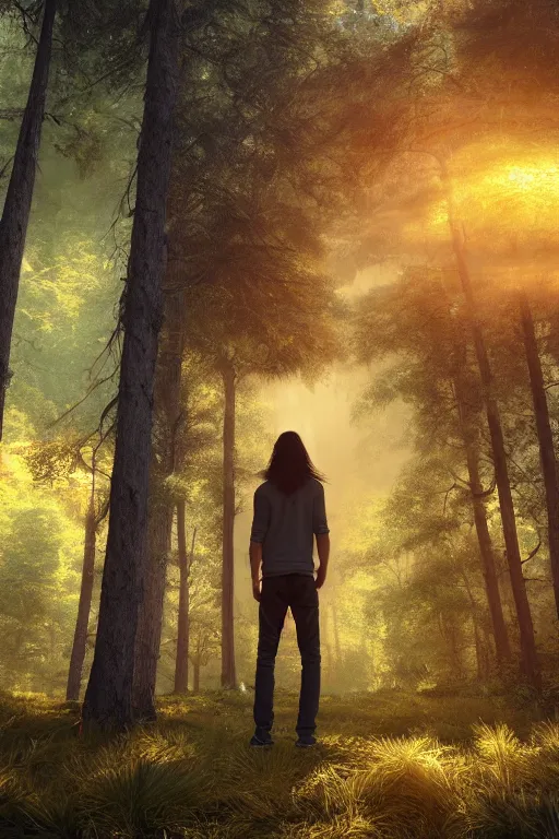 Prompt: young man with long hair made of real gold, slender, back view, trees, detailed forest background, webtoon, breathtaking scenery, colourful, 8 k, graphic novel, digital art trending on artstation, volumetric lighting, octane render, cinematic, hyper detailed, magical atmosphere