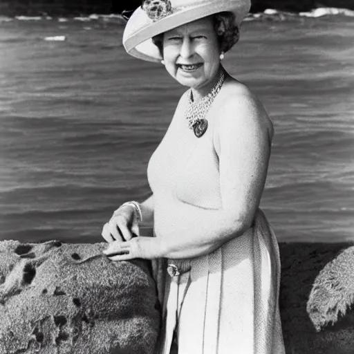 Image similar to Queen Elizabeth as a beach bum