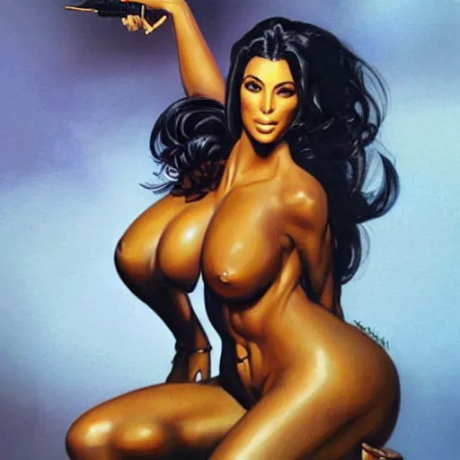 Prompt: epic portrait of kim kardashian by frank frazetta and boris vallejo